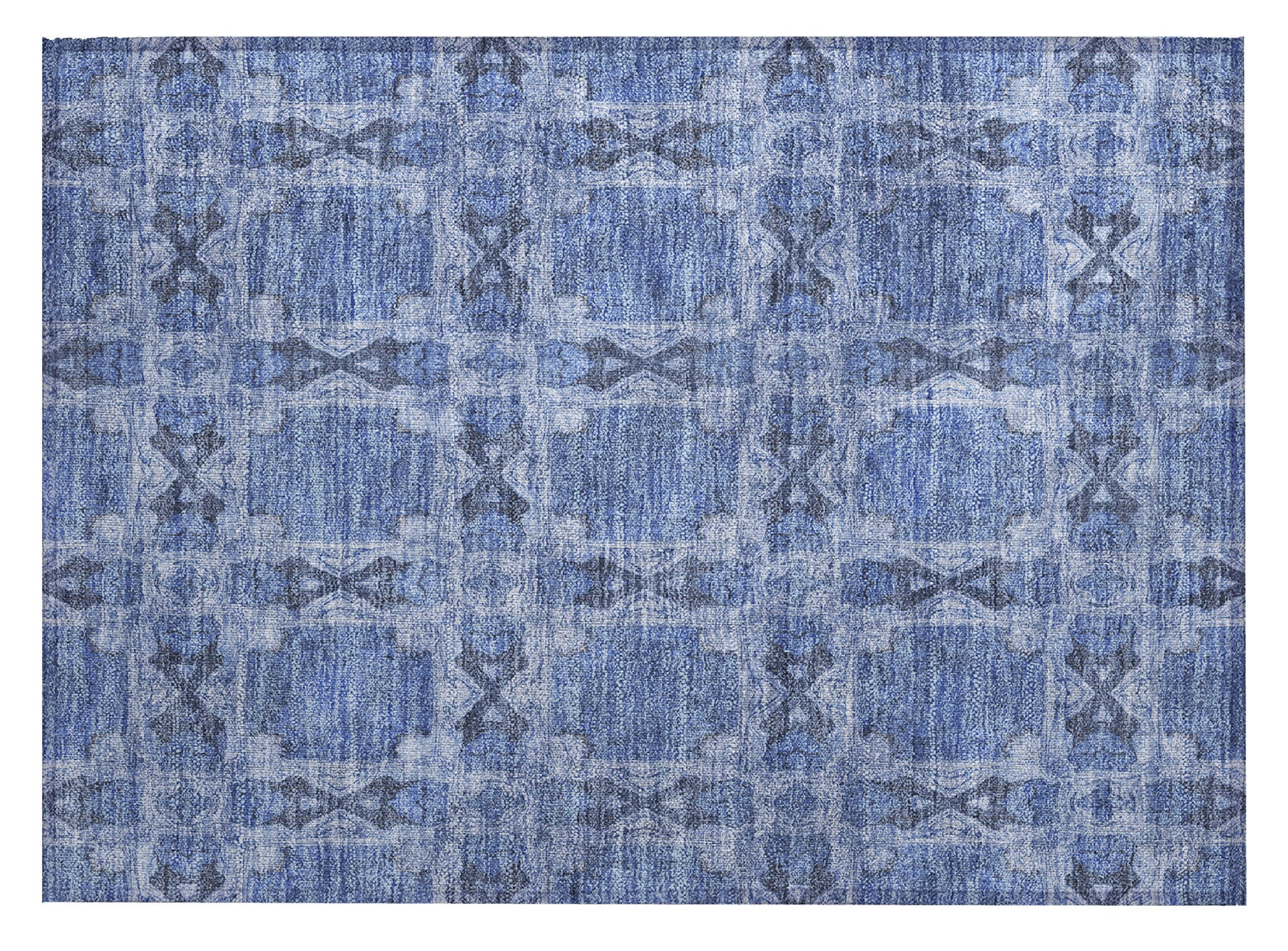 2' X 3' Denim Blue and Gray Floral Medallion Washable Non Skid Indoor Outdoor Area Rug