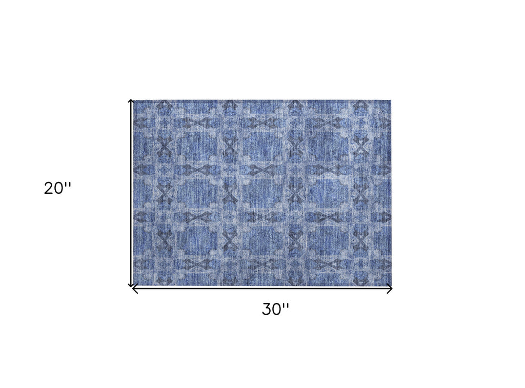 2' X 3' Denim Blue and Gray Floral Medallion Washable Non Skid Indoor Outdoor Area Rug