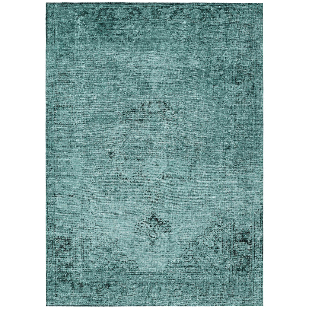 10' X 14' Teal Blue Turquoise And Charcoal Oriental Washable Indoor Outdoor Area Rug
