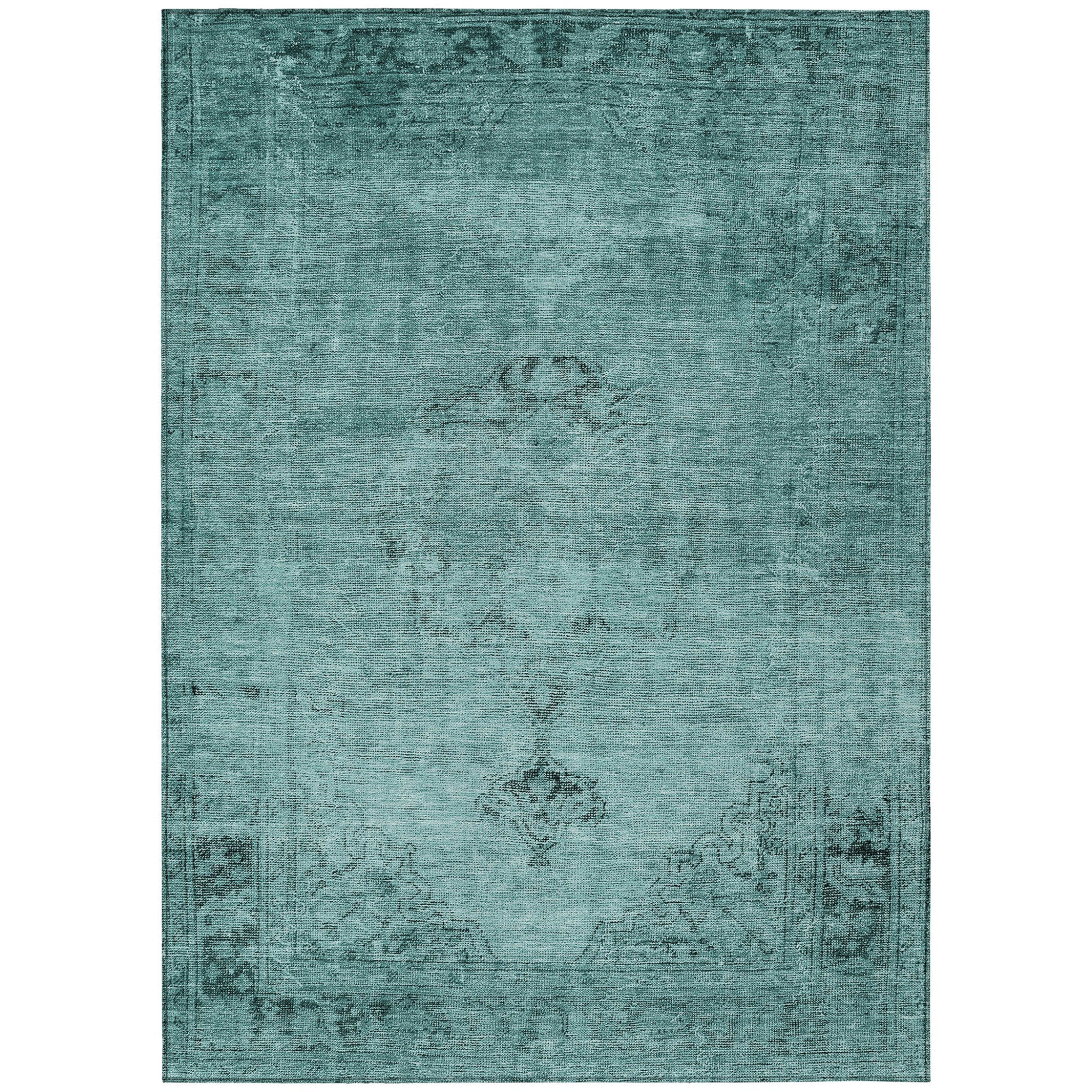 10' X 14' Teal Blue Turquoise And Charcoal Oriental Washable Indoor Outdoor Area Rug