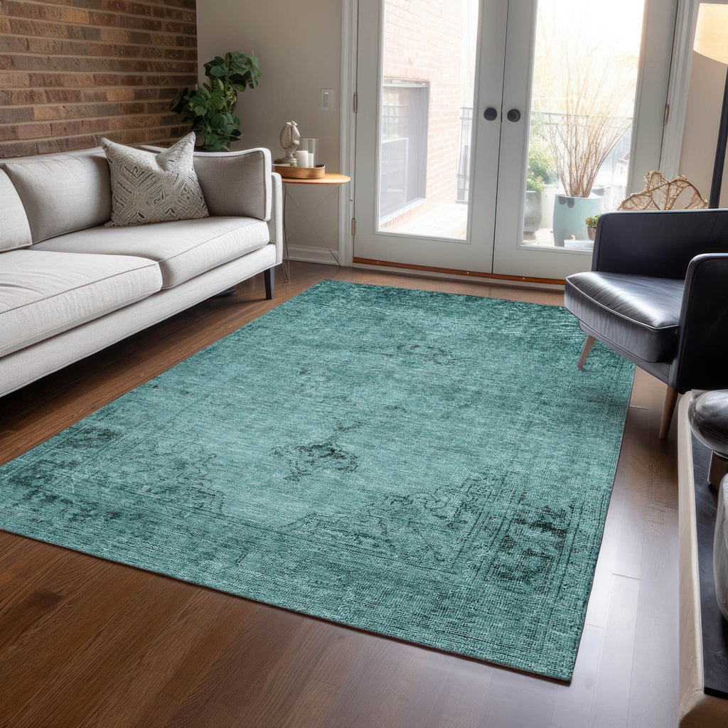 10' X 14' Teal Blue Turquoise And Charcoal Oriental Washable Indoor Outdoor Area Rug