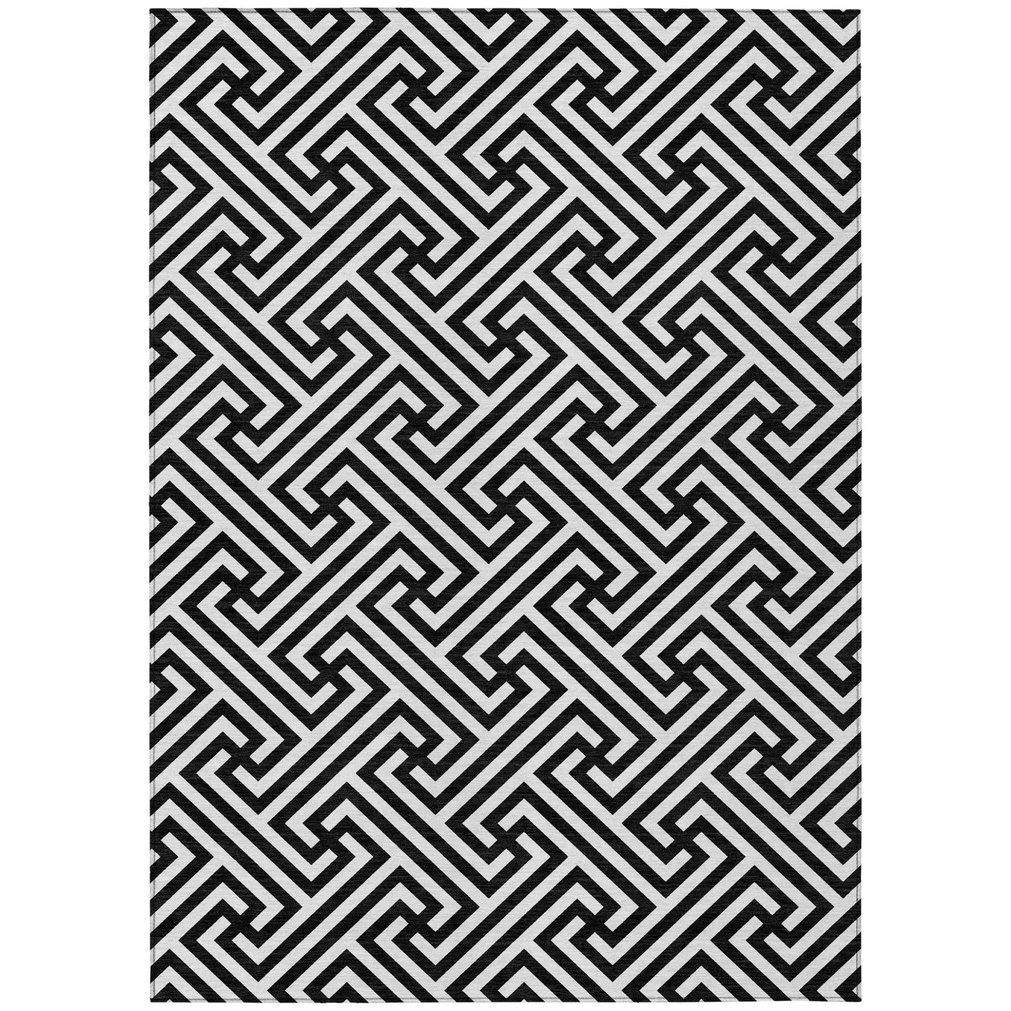 9' X 12' Black And Ivory Geometric Washable Indoor Outdoor Area Rug